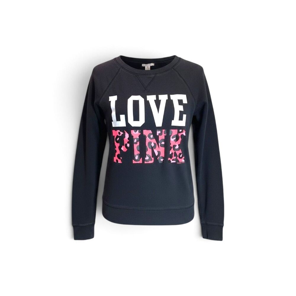 PINK Victoria's Secret Black Sweatshirt with Pink Cheetah Lettering sz S